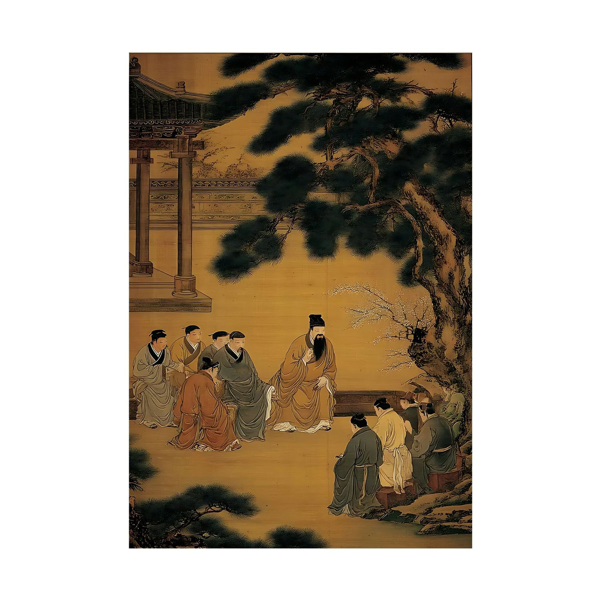 Hand-painted canvas featuring robed scholars gathered beneath pine trees against a warm ochre background.