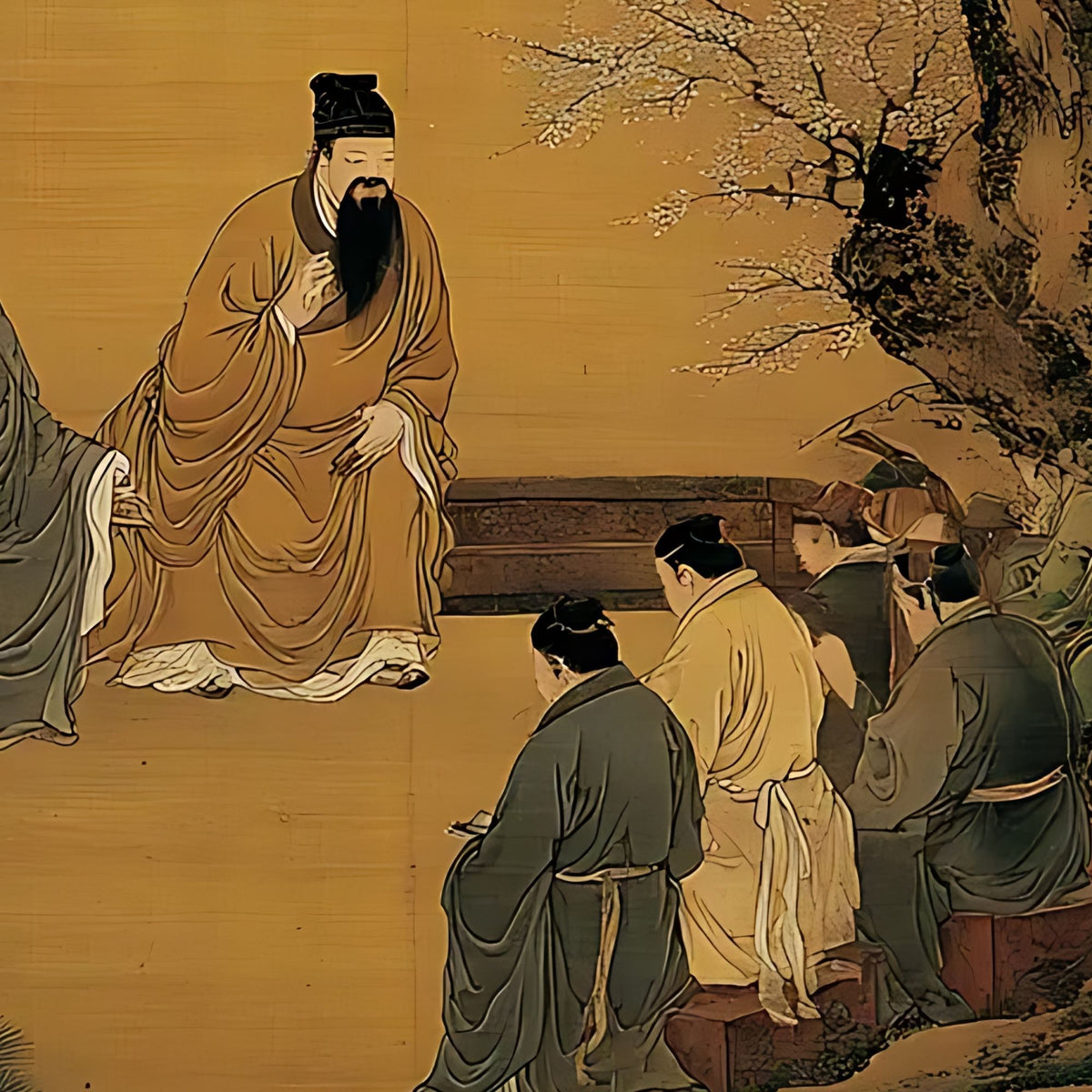 Hand-painted canvas featuring robed scholars gathered beneath pine trees against a warm ochre background.