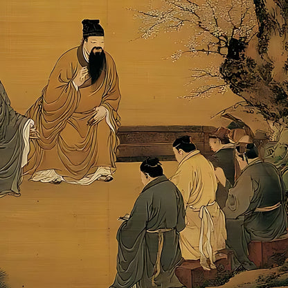 Hand-painted canvas featuring robed scholars gathered beneath pine trees against a warm ochre background.