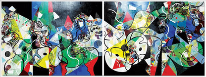 Cubist Fantasy Diptych – Bold Abstract Figures, Horses & Shapes