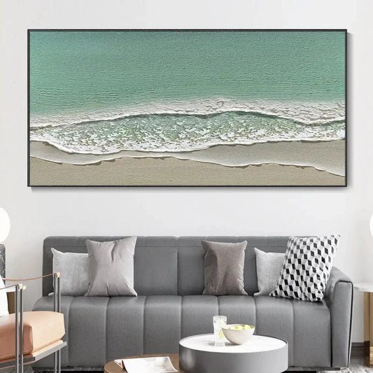 Room mockup showing sea-green textured water meets a beige shore in layered white foamy waves, viewed from above.