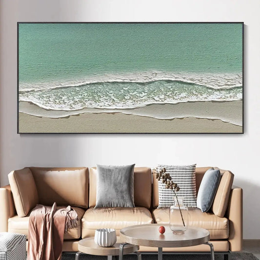 Room mockup showing sea-green textured water meets a beige shore in layered white foamy waves, viewed from above.