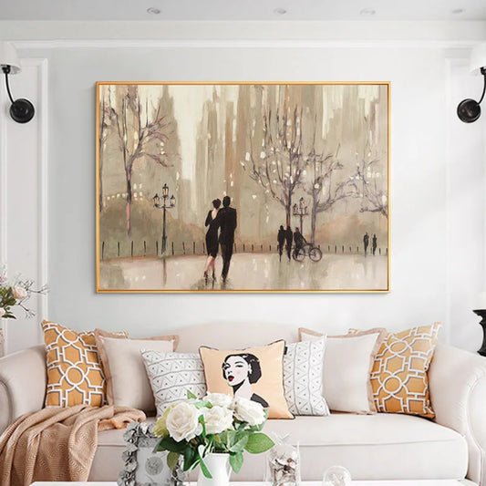 Room mockup showing couple walking among bare trees, lamps and distant figures in a soft beige and brown park scene.