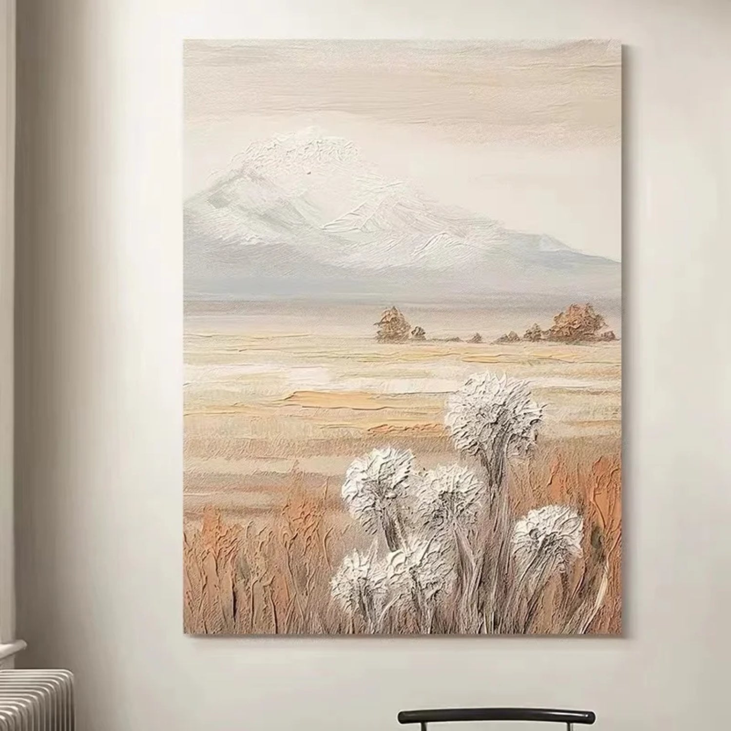 Serene Landscape Painting with Mountain and Flowers