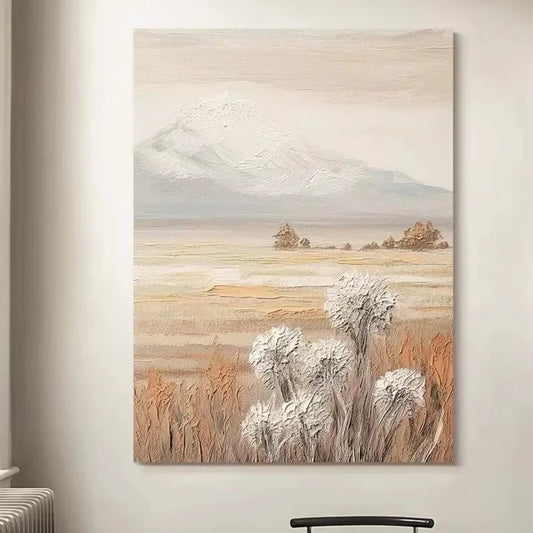 Serene Landscape Painting with Mountain and Flowers