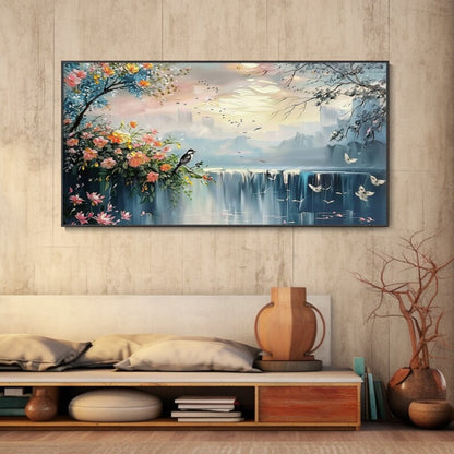 Whispers of Serenity Dreamy Waterfall with Blossoms and Birds