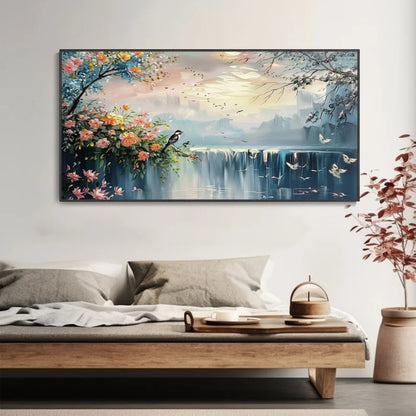 Whispers of Serenity Dreamy Waterfall with Blossoms and Birds