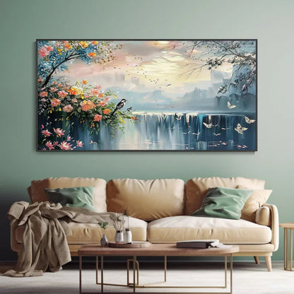 Whispers of Serenity Dreamy Waterfall with Blossoms and Birds