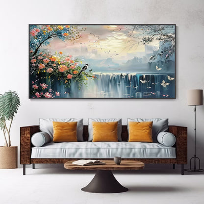 Whispers of Serenity Dreamy Waterfall with Blossoms and Birds