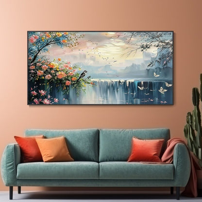 Whispers of Serenity Dreamy Waterfall with Blossoms and Birds