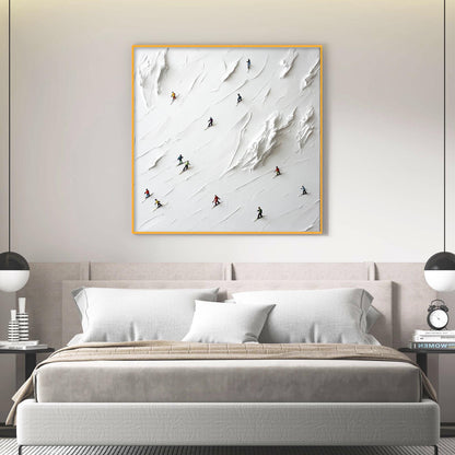 A minimalist painting featuring a group of miniature skiers on a textured white surface, with a hand-sculpted appearance, displayed above a bed in a modern interior setting.