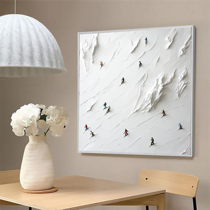 3D Textured Skiers on Snow – Minimalist Impasto Winter Scene Wall Art