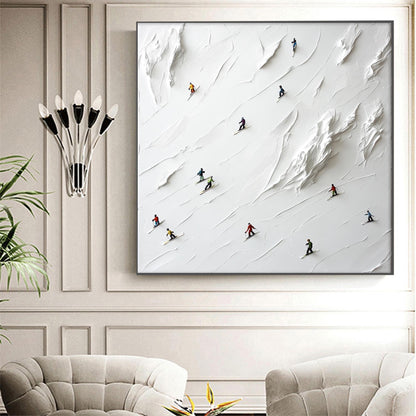 3D Textured Skiers on Snow – Minimalist Impasto Winter Scene Wall Art