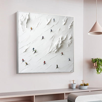 3D Textured Skiers on Snow – Minimalist Impasto Winter Scene Wall Art