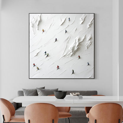 3D Textured Skiers on Snow – Minimalist Impasto Winter Scene Wall Art