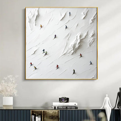 Framed artwork of skiers on a snowy mountain in a modern room.