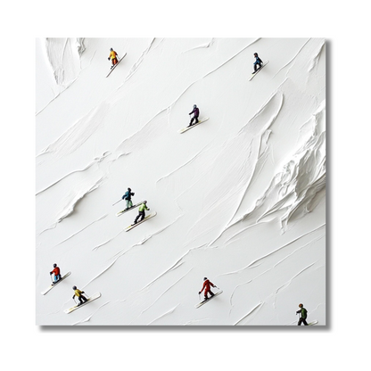 Skiers descending a snowy slope from an aerial perspective.