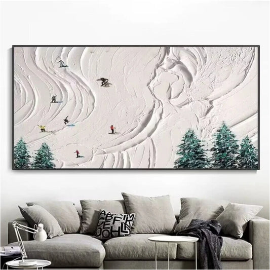 Room mockup showing tiny skiers on curved tracks across textured white snow, with dark green fir trees along the lower edge.