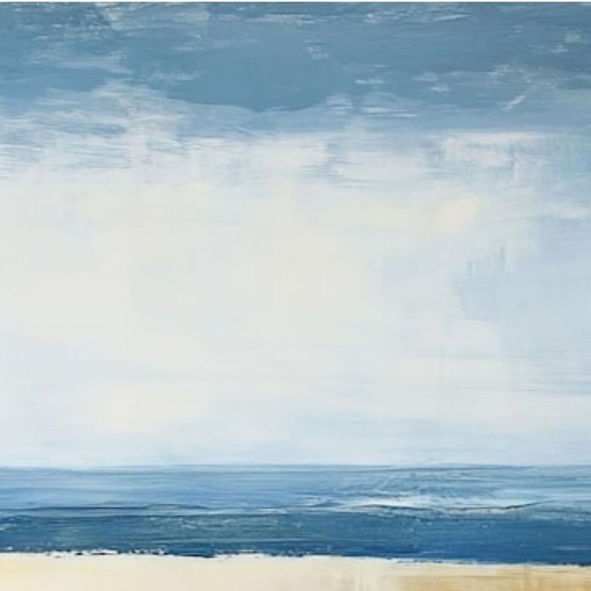 Hand-painted canvas showing sky blue, deep blue and sand beige in a coastal horizon.