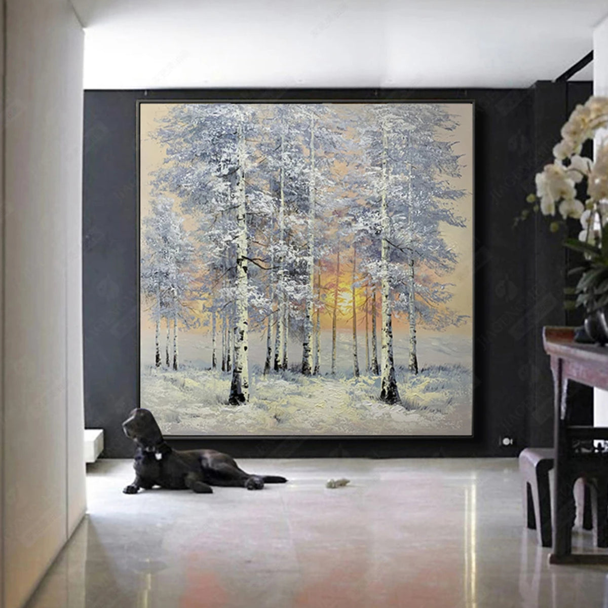 Room mockup showing snow-covered slender trees with white and blue-grey branches around a low golden sun.
