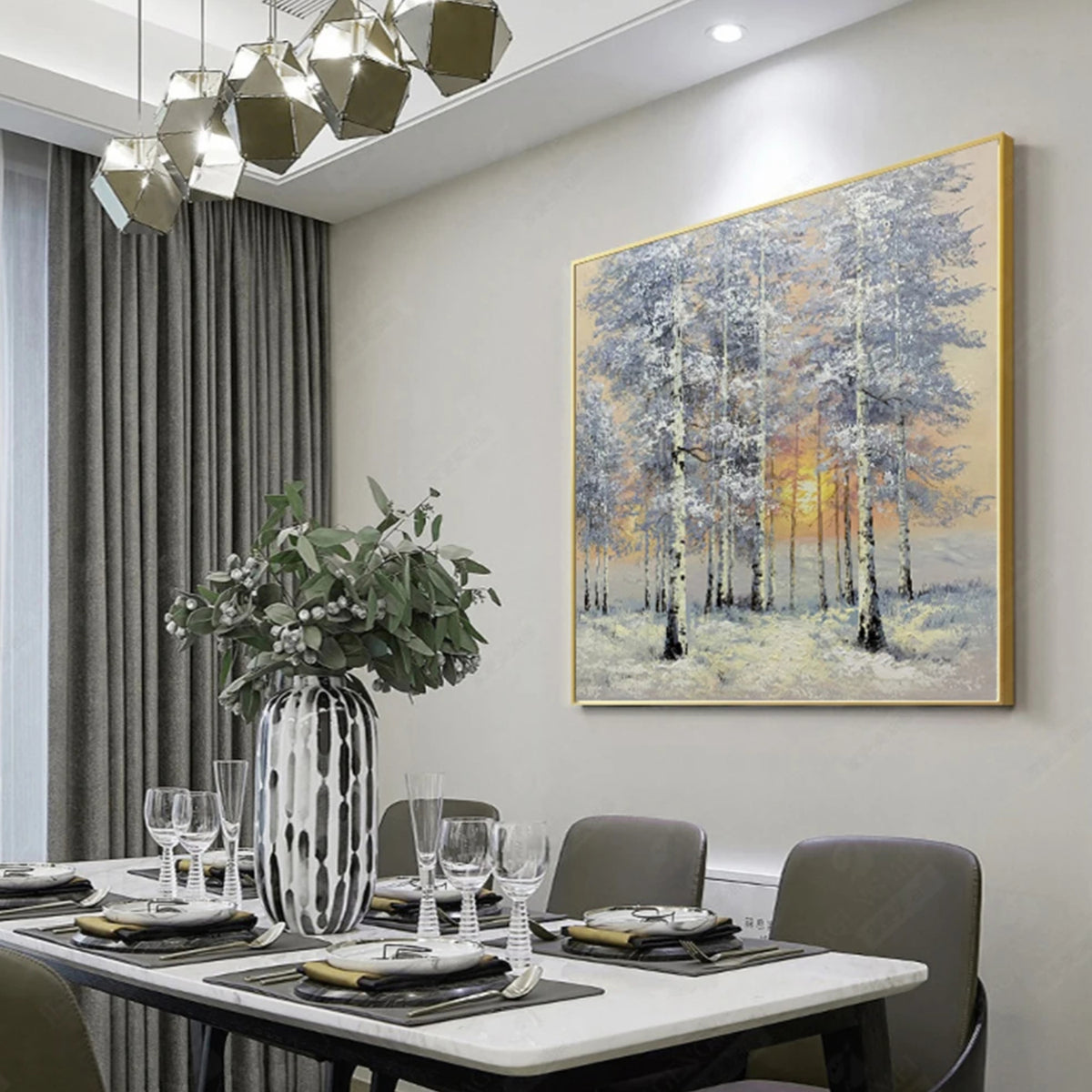 Room mockup showing snow-covered slender trees with white and blue-grey branches around a low golden sun.