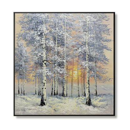 Snow-covered slender trees with white and blue-grey branches around a low golden sun.