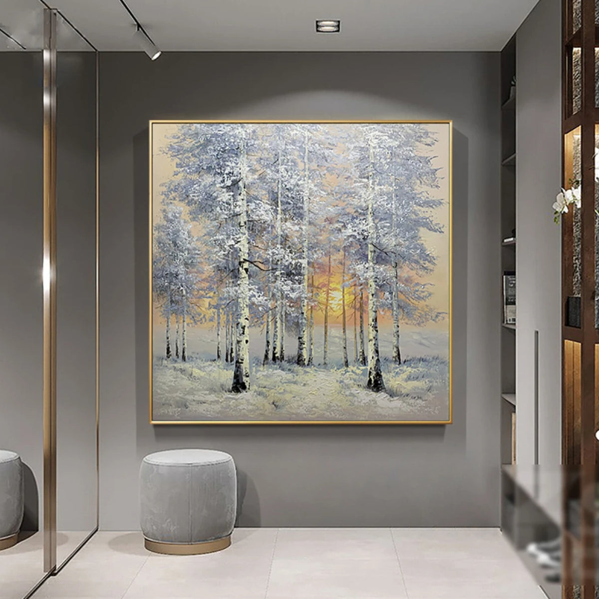 Room mockup showing snow-covered slender trees with white and blue-grey branches around a low golden sun.