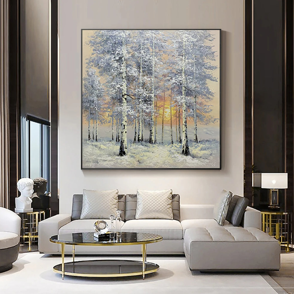 Room mockup showing snow-covered slender trees with white and blue-grey branches around a low golden sun.