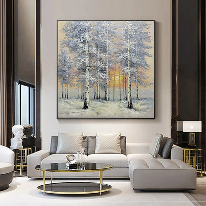 Room mockup showing snow-covered slender trees with white and blue-grey branches around a low golden sun.