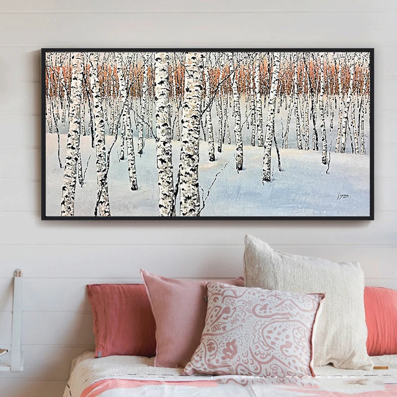 Room mockup showing white birch trunks marked with dark bark in a snowy forest with sparse rusty orange leaves.