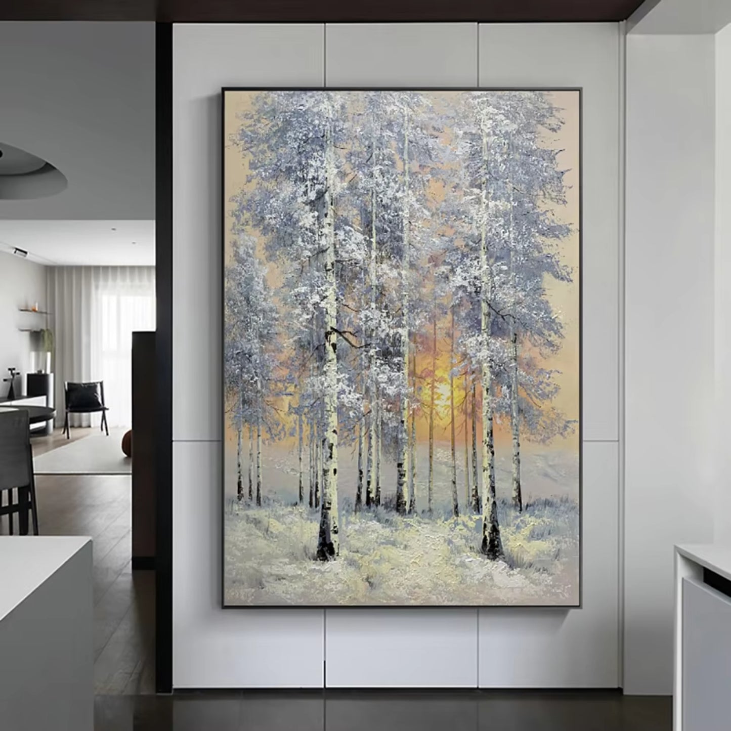 Snowy Birch Sunrise Nordic Landscape Oil Painting Décor