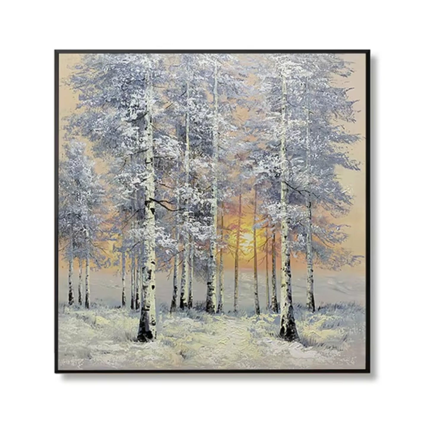 Snowy Birch Sunrise Nordic Landscape Oil Painting Décor