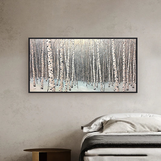 Room mockup showing dense slender white birch trunks with dark bark marks receding into a pale snowy forest.