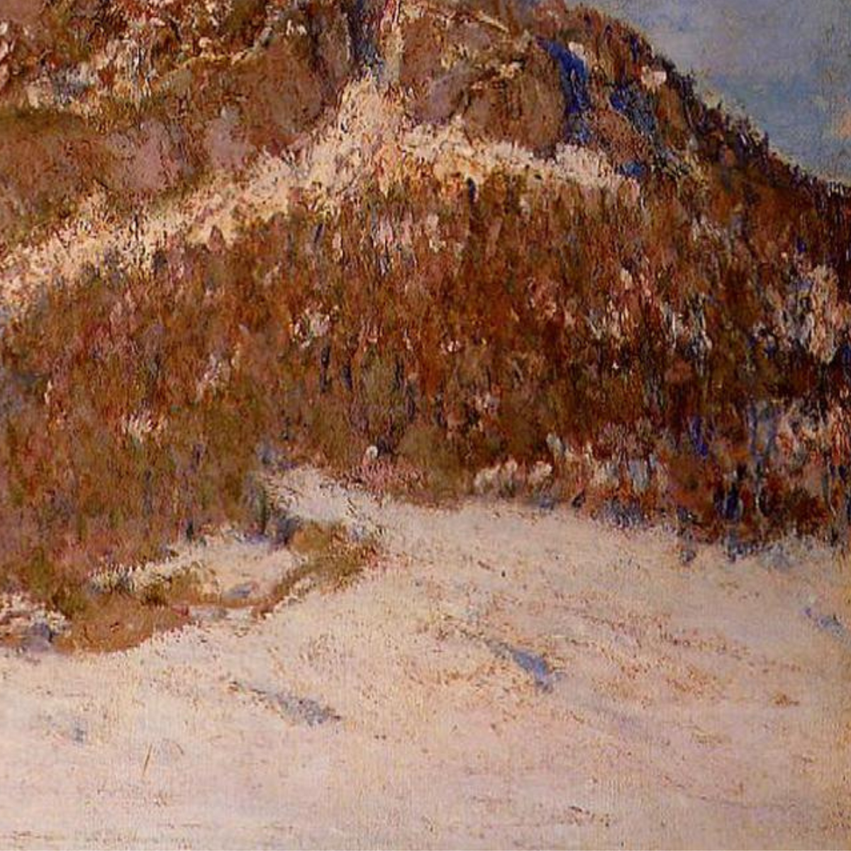 Hand-painted canvas featuring snow-covered ground and warm brown banks beneath a muted winter sky.