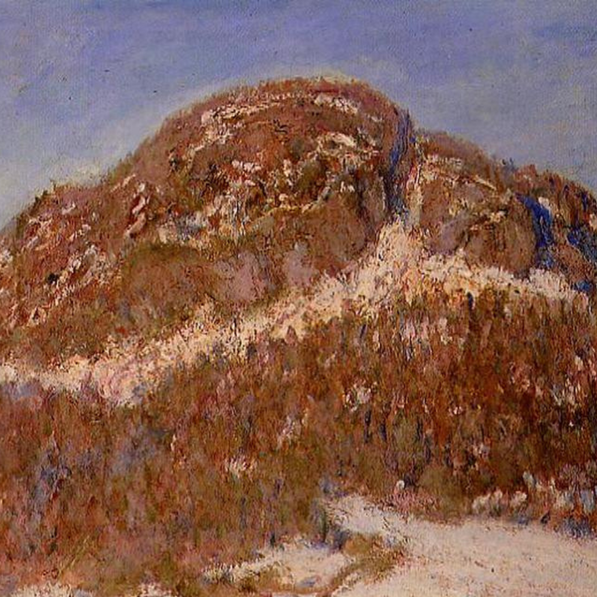 Hand-painted canvas featuring snow-covered ground and warm brown banks beneath a muted winter sky.