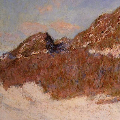 Hand-painted canvas featuring snow-covered ground and warm brown banks beneath a muted winter sky.