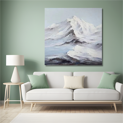 Textured Snowy Mountain Painting – Minimalist Hand-Painted Landscape in White & Grey