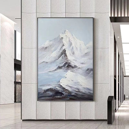 Textured Snowy Mountain Painting – Minimalist Hand-Painted Landscape in White & Grey