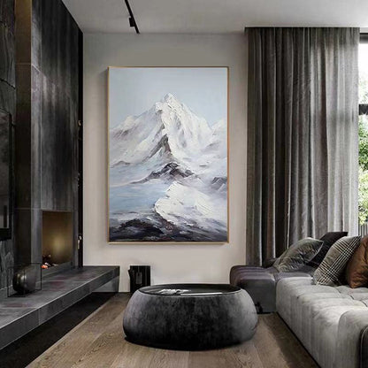 Textured Snowy Mountain Painting – Minimalist Hand-Painted Landscape in White & Grey