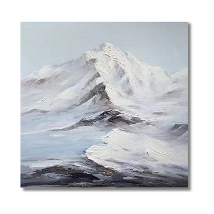 Textured Snowy Mountain Painting – Minimalist Hand-Painted Landscape in White & Grey