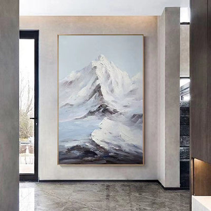 Textured Snowy Mountain Painting – Minimalist Hand-Painted Landscape in White & Grey