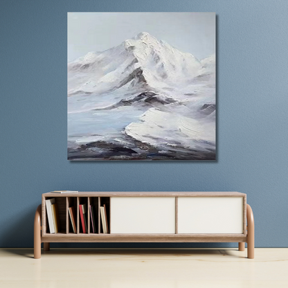 Textured Snowy Mountain Painting – Minimalist Hand-Painted Landscape in White & Grey