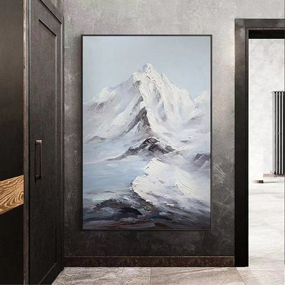 Textured Snowy Mountain Painting – Minimalist Hand-Painted Landscape in White & Grey
