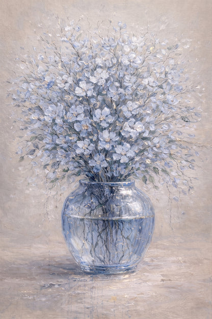 Soft Blue Floral Glass Vase Painting Gold Detail Art