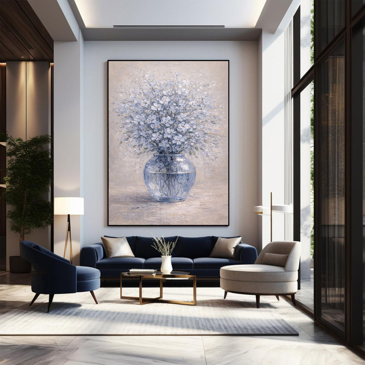 Soft blue floral painting with a clear glass vase and pale neutral background.