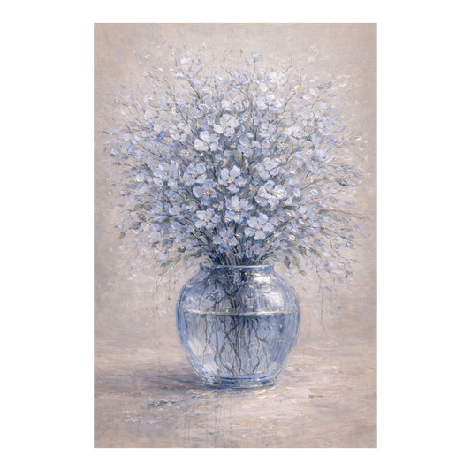 Soft blue floral painting with delicate flowers in a clear glass vase on a neutral background.
