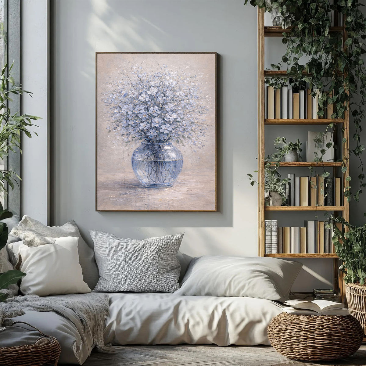 Soft blue floral painting with delicate flowers in a clear glass vase on a neutral background.
