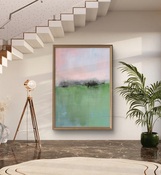 Room mockup showing soft green lower field beneath a pink and pale blue sky, separated by a blurred dark horizon.