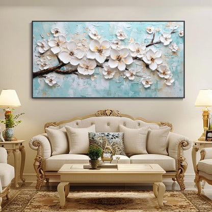 Spring Bloom Symphony White Floral Canvas on Teal