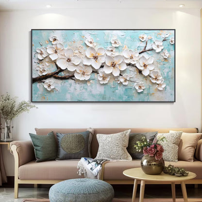 Spring Bloom Symphony White Floral Canvas on Teal